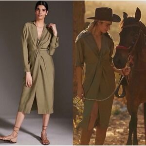 Anthropologie Shirt Dress US 6 EU 38 • Olive Knot‎ Front Midi Western Fall Dress